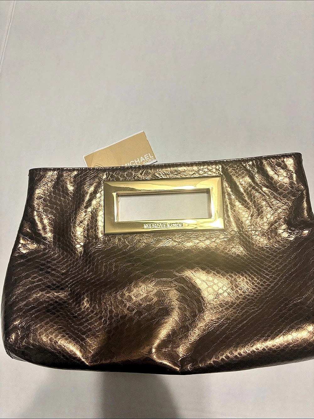 Michael Kors Berkley Python-Embossed Leather Clutch Brown